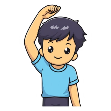 embarrassed smiling boy with hand behind head and black hair sticker