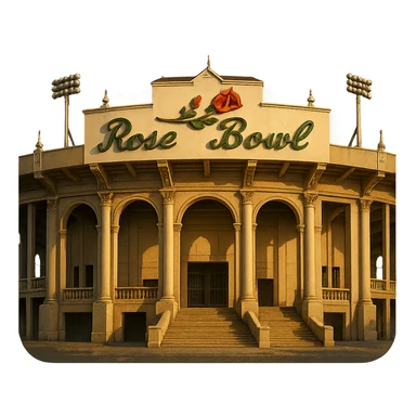 cinematic realistic emoji of the Rose Bowl Stadium with majestic ornate architecture, lifelike detail, regal lighting, including its iconic sign, accurate colors, transparent background sticker