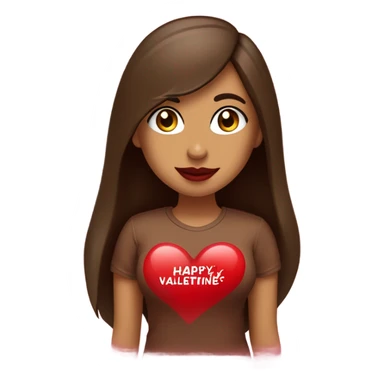 light brown lady, dark brown long straight hair, red lips, eyelashes, wearing red “happy Valentine’s Day” t shirt sticker