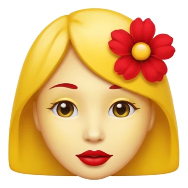 Create an yellow circle face emoji that lips are big, red, shiney and have flower on her head sticker