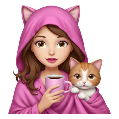 girl with long wavy brown hair, brown eyes, long lashes makeup, sexy pink lips, light to medium complexion, wearing a pink sexy silk top, big blanket over the head cozy holding a cat,  drinking coffee sticker