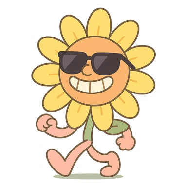 bright pastel yellow sunflower with large sunglasses, grinning proudly while strutting, round body, exaggerated confident face, pastel-toon style sticker