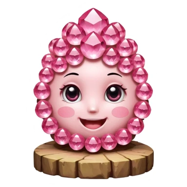 A single cute pink crystal cluster character, chunky round base with many tall rose-pink crystal quartz cluster imperfect, on the front of the base a kawaii face with big shiny eyes and a happy open smile very shiny and nothilng else sticker