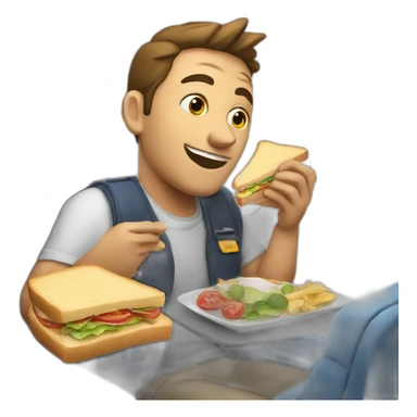 Man eating sandwich on top of a plane sticker