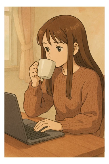 young 20-year-old woman with long straight brown hair, wearing a sweater, drinking coffee and working on a laptop, ghibli style, soft background sticker