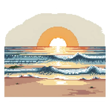 sunrise on a beach with waves, pixel art style sticker