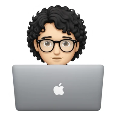 guy with wavy kinda curly black hair and light-to-medium skin tone and glasses, with a macbook sticker