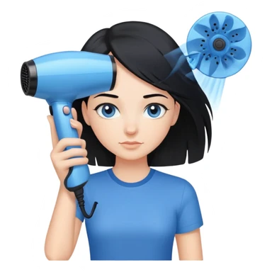 a girl with black hair, blue eyes in a blue shirt and with a hair dryer in her hands sticker