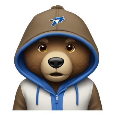 Brown bear wearing a hoodie and a Blue Jays hat sticker