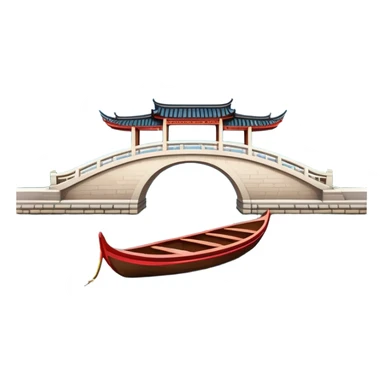 West Lake with Broken Bridge and small boat, Hangzhou, symmetrical composition, simplified emoji style with bold outlines, traditional Chinese arch bridge over water with a small wooden boat beneath sticker