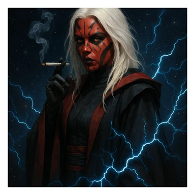 a female sith lord with white hair, smoking a joint, red and black robes, lightning crackling around her, starry space background sticker