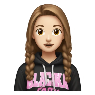 white girl, brown hair wearing blackpink hoodie sticker