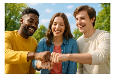 three friends making a group fist bump, hands meeting in the center, positive energy sticker