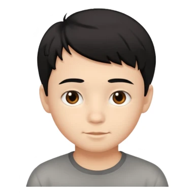 young boy with short, slightly messy black hair, a round face, large brown eyes, and a small neutral smile sticker