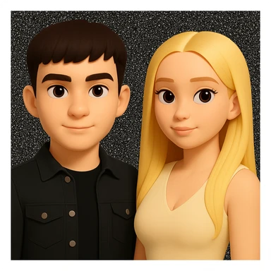 Slightly increase the volume of the upper body of the girl, significantly spread them apart from each other, make the skin color the same for both characters, keep the cartoonish 3D style as in the reference image. sticker