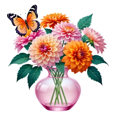 4k quailty, 8000x8000px resolution, hyperrealism, ultra detailed, very full lush Dahlias in bright and vivid colors with blooming petals, in a crystal translucent pale pastel pink vase, with silk ribbon around vase. Orange butterfly resting on flower. Still life, masterpiece  sticker