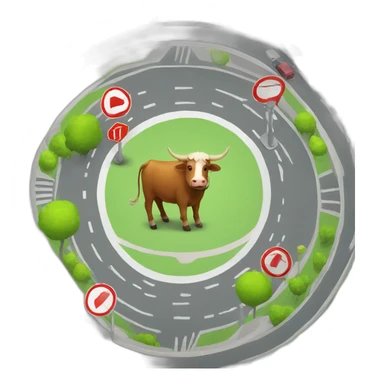 ox in a traffic circle with stop sign sticker