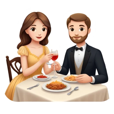 Elegant girl with a beautiful flowy dress and man eating dinner together in Montenegro sunset holding hands  sticker