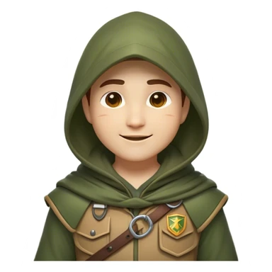 Clash of Clans aesthetic Cheerful Ranger Portrait Emoji, With a bright, confident expression and an alert, relaxed stance, showcasing a streamlined, rugged build in natural tones with a hood and cloak blending with the forest, his face in natural skin tone, Simplified yet expressive features, highly detailed, glowing with a soft, luminous woodland radiance, high shine, upbeat and brave, stylized with an air of classic forest heroism, soft glowing outline, capturing the essence of a cheerful ranger ready to embark on epic woodland quests! sticker