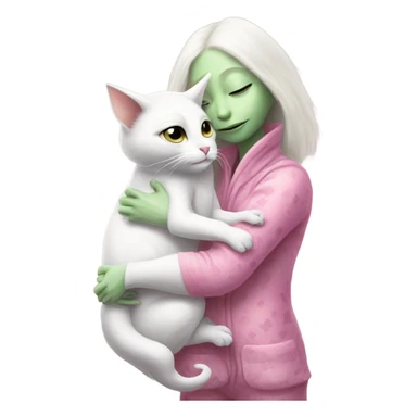 Reptilian alien woman meditation pink pajamas, hugs a white cat sticker
