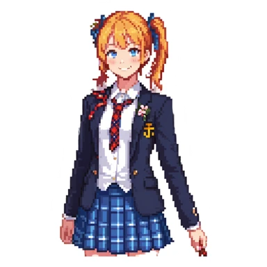 cheerful high school girl with orange side ponytail and yellow ribbon, blue eyes, navy blazer, red ribbon, blue plaid skirt, standing in a school courtyard with cherry blossoms, spring breeze, energetic smile sticker