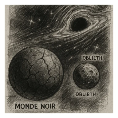 hand drawn map of dark back ward -“A dark cosmic region orbiting a massive black hole. No sunlight. A dead solar system with twisted planets and moons circling in silence. Monde Noir looms in the foreground — a cracked, obsidian planet with no atmosphere. Its moon, Oblieth, floats nearby, scarred and pitted, with faint green lights glowing from within cave openings. Stars are distorted and streaked by gravitational lensing. The entire scene is heavy, quiet, and surreal.” sticker