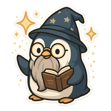 a cartoon penguin wizard with glasses, a long beard, and a spellbook, surrounded by magical effects sticker