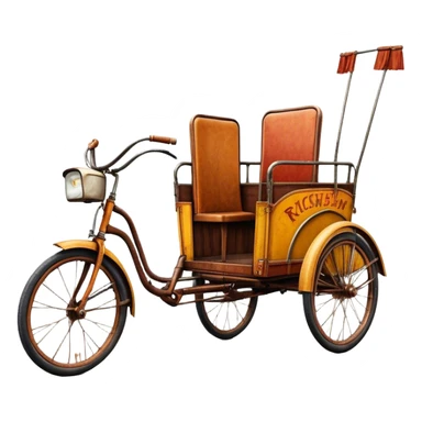 ​Cinematic Realistic Tricycle Rickshaw, depicted as a vintage manually operated vehicle featuring two front wheels and a single rear wheel, rendered with detailed rustic textures, vibrant colors, and dynamic urban lighting that captures its unique design and cultural charm, sticker