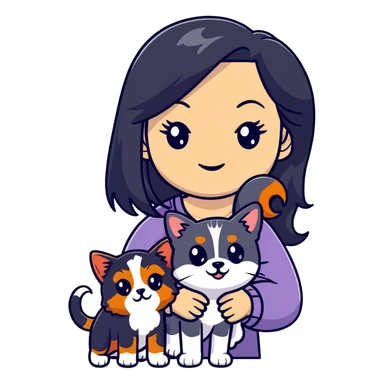 woman with long black hair holding an American Shorthair cat and a Cavalier King Charles Spaniel dog sticker