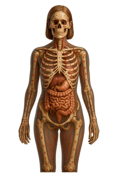 corpo umano anatomico di una donna affetta da fibromialgia, intestino anatomico realistico e red spot sparsi sulle sue ossa, iperrealistica 4k sticker