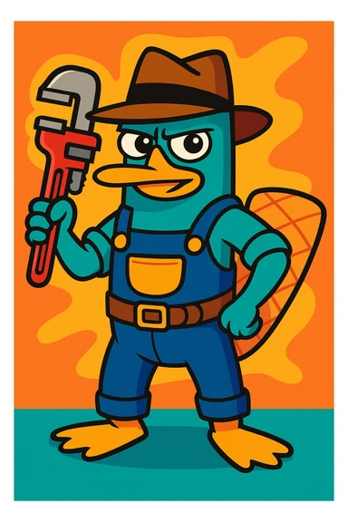 Perry the Platypus as a plumber, teal platypus with a brown fedora, holding a wrench, plumber outfit, cartoon style, vibrant toon sticker