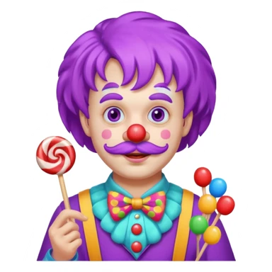 Funny clown — purple wig, mustache, candy in hand sticker
