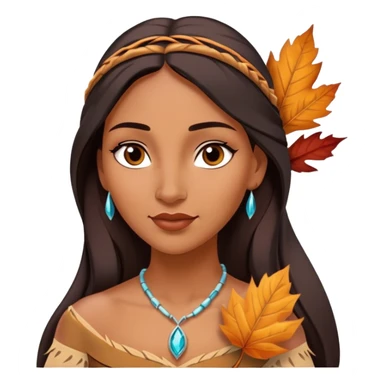 Cinematic Playful Pocahontas Portrait Emoji, Tilting her head with a knowing smirk, holding a delicate autumn leaf, eyes glimmering with adventure, an enchanting blend of confidence and charm, absolutely captivating! sticker