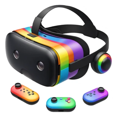 Show a VR headset or AR glasses, symbolizing the immersive hair experience. Include virtual objects or a 3D scene floating in the air in front of rainbow Make the background transparent. sticker