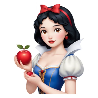 Cinematic Realistic Snow White Portrait, depicted with lifelike skin texture, soft natural lighting, and intricately detailed black hair styled with a red ribbon. Her soft brown eyes radiate innocence and kindness, complemented by a warm, gentle smile. She holds an apple in one hand, her other hand resting against her cheek, embodying her purity and charm. She is dressed in her classic yellow, blue, and red gown, the fabric rich in texture with delicate folds that catch the light beautifully. The portrait features a soft, natural glow with a radiant finish, capturing the essence of timeless beauty in a realistic and painterly style. sticker
