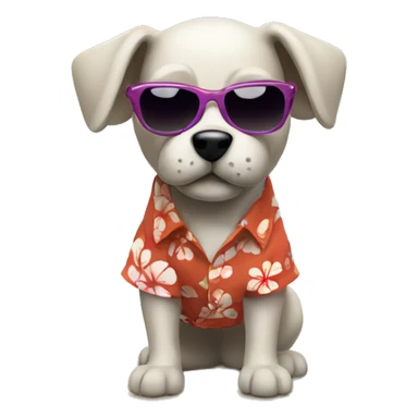 Dog wearing a Hawaiian shirt and sunglasses walking on a beach sticker