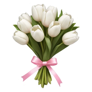 a bouquet of white tulips tied with a pink ribbon sticker