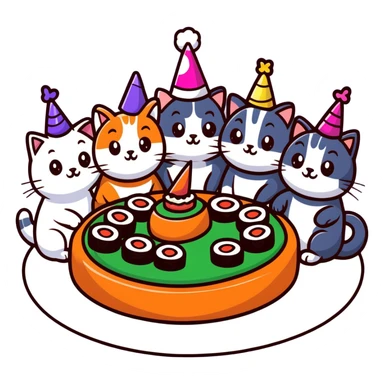 six different cats arranged in a circle, celebrating with party hats, each cat holding a piece of sushi, birthday cake in the center sticker