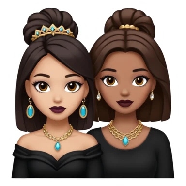 Boujy baddie best friends, trendy heavy makeup both dark hair one light skinned and one mocha brown pretty hair style both wearing black and jewelery  sticker
