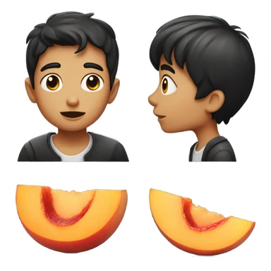 black haired boy kissing a giant peach sticker