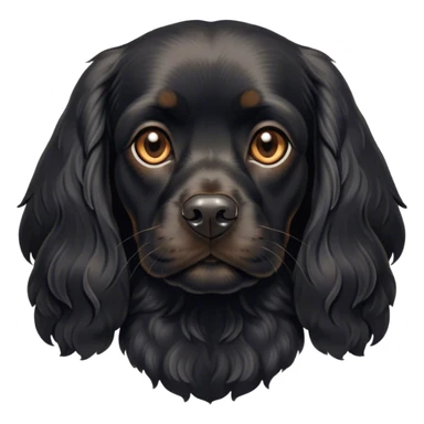 Cinematic Noble Black Cocker Spaniel Portrait Emoji, Poised and regal, with a sturdy build and a sleek, shiny black coat accented by subtle tan markings, deep-set soulful dark eyes, Simplified yet sharp and sophisticated features, highly detailed, glowing with a soft, dignified glow, high shine, intelligent and alert, stylized with an air of refinement, focused and attentive, soft glowing outline, capturing the essence of a watchful and confident companion, so majestic it feels as though it could trot out of the screen with effortless authority! sticker