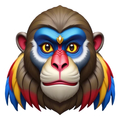 Cinematic Noble Mandrill Portrait Emoji, Poised and regal, with a striking, powerful build and a vivid, multicolored face accented by bold blue, red, and yellow hues, deep-set soulful eyes, Simplified yet sharp and sophisticated features, highly detailed, glowing with a vibrant, dignified glow, high shine, intelligent and commanding, stylized with an air of exotic majesty, focused and attentive, soft glowing outline, capturing the essence of a watchful and confident primate, so majestic it feels as though it could step out of the screen with effortless authority! sticker
