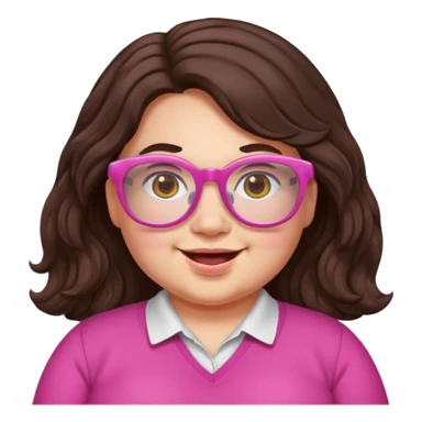 chubby English teacher, happy, wearing pink glasses, wavy long dark brown hair, face only, gamer vibe, classroom background, emoji style, for online classes sticker