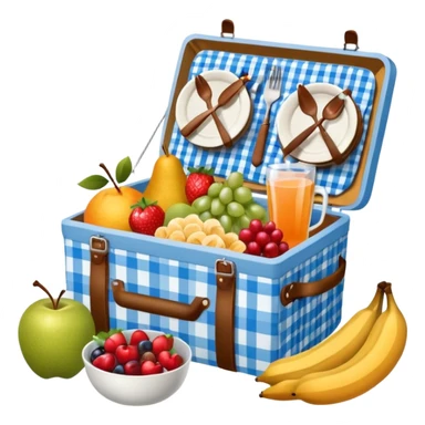 blue plaid lining basket with both food, drink and fruits sticker