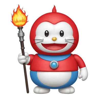 Red angry doraemon plush holding a nuke button sticker