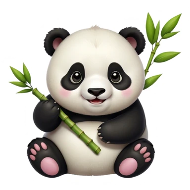Cinematic smiling chubby panda, fluffy black and white fur, round rosy cheeks, tiny paws holding a bamboo shoot, sparkling eyes full of joy, soft glowing background, irresistibly huggable. sticker