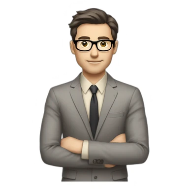 Full height Pale skinned Fit Man With dark brown hair in classic gray suit, beige office shirt, dark gray tie, and vintage glasses. His hands lock sticker