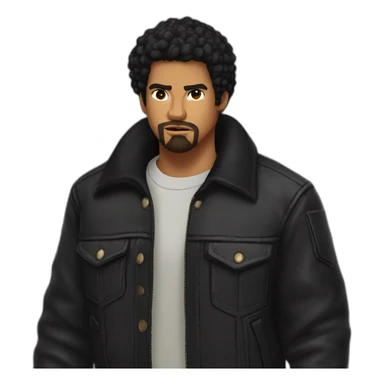 young man, light tan, curly black hair, with black tendrils in his ears, goatee, angry or upset, wearing a Venezuelan flannel, wearing a black motorcycle jacket. sticker