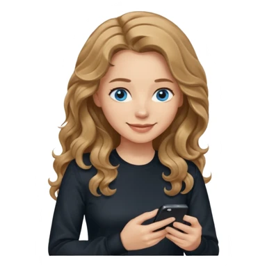 generate a pretty woman with blue eyes, light skin and medium brown long and really wavy shiny hair holding a phone she is looking at the phone while looking down at the screen. she is wearing an ALL black long sleeve. she is smiling sticker
