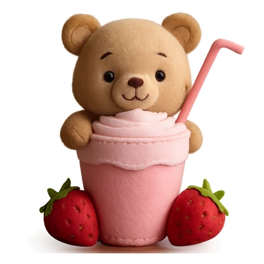 Remove the cherry blossom flowers, keep the cute bear peeking from a strawberry milkshake cup with a straw, two strawberries, pastel colors, soft shadows, clean minimal aesthetic, 3D iOS style, with no background. sticker